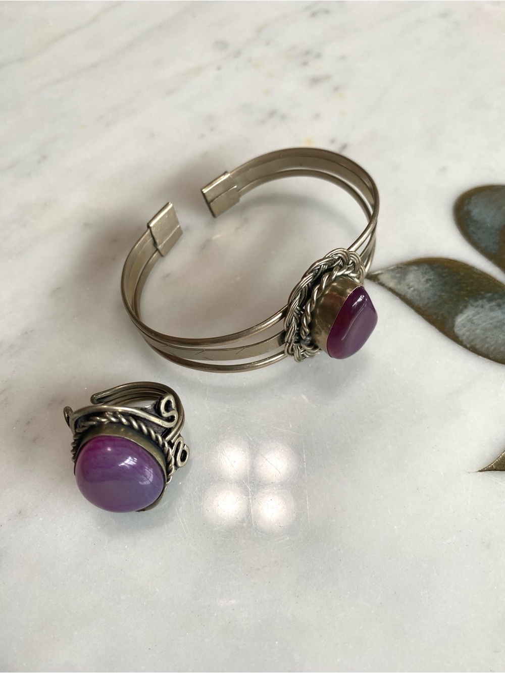 Southwestern Boho Purple Agate Cuff Bracelet & Adjustable Ring Set Silver